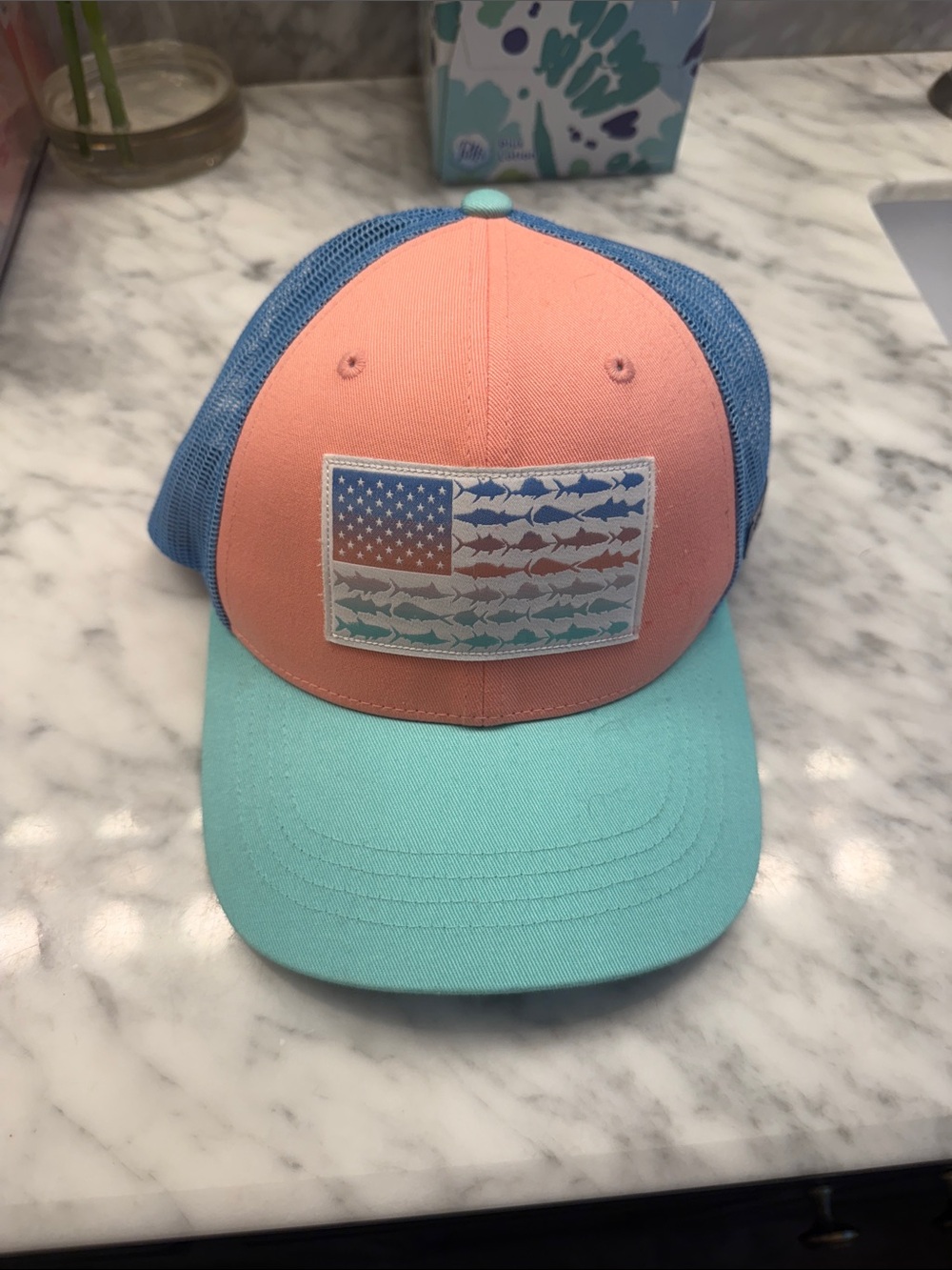 Columbia Peach, Aqua & Blue Trucker Hat with Fish Flag Patch PFG